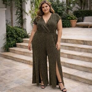 Story Teller Plus Size 4X Wide Leg Jumpsuit Gold Metallic Faux Wrap V-Neck